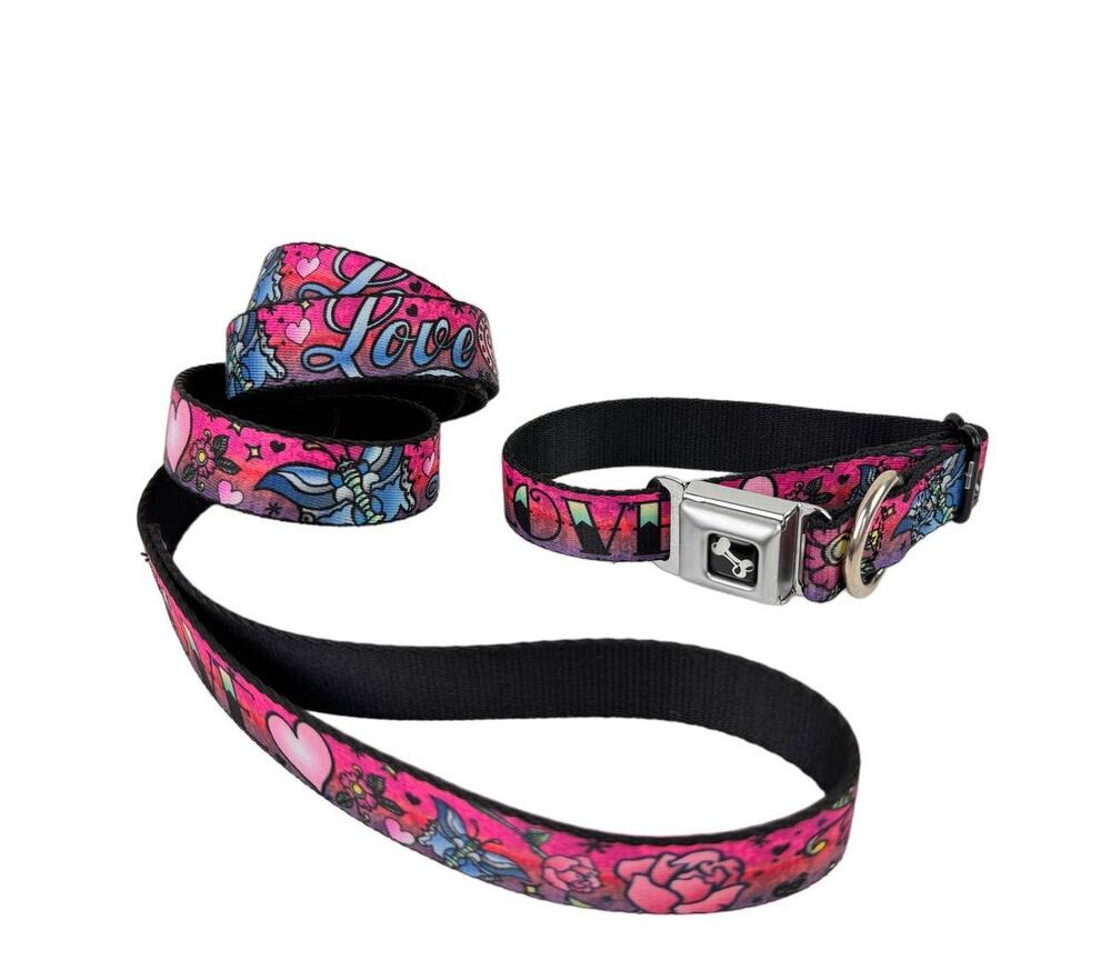 Buckle-Down Metal Clip Love Pink Tattoo Nylon Adjustable Dog Collar / Leash Set